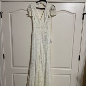Lulu's Ivory Lace Maxi Dress with V-Neck